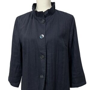 Collarless Button Front‎ Jacket 3/4 Sleeve Textured Black